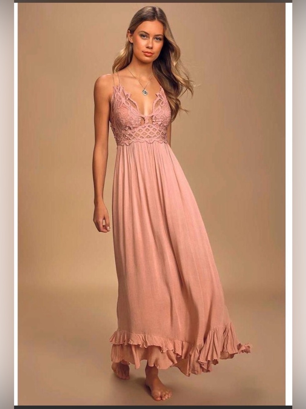 Free People Adella Maxi Slip Dress in a dusty rose color, featuring a crocheted
